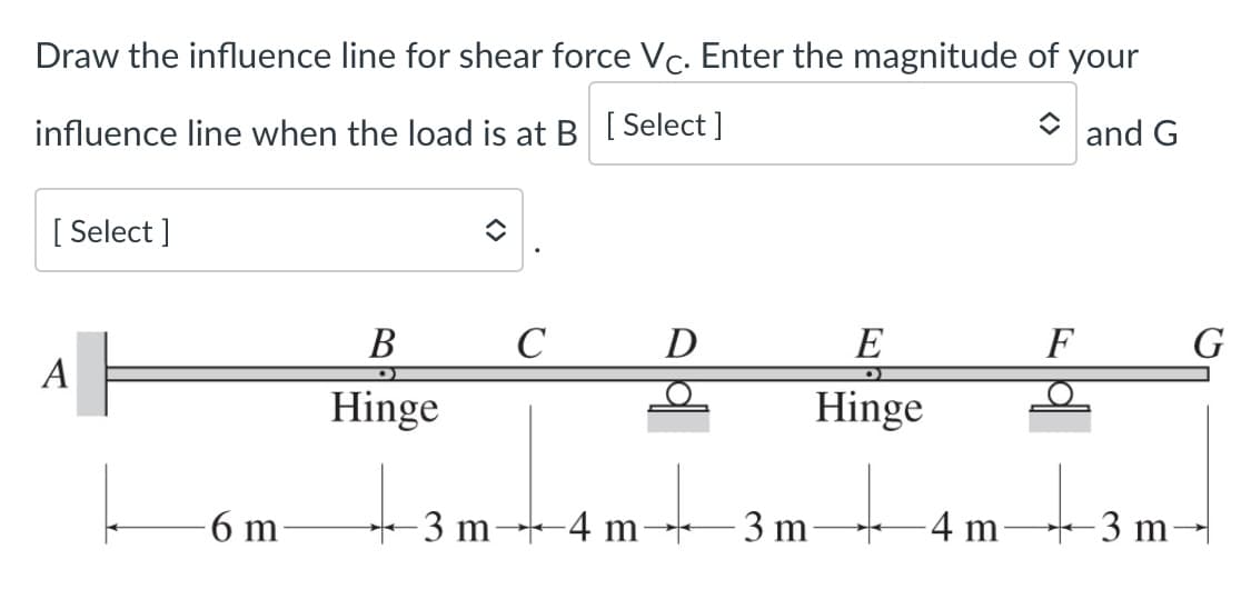 Draw the influence line for shear force Vc. Enter the magnitude of your
and G
influence line when the load is at B [Select]
[ Select ]
В
C
D
E
F
G
A
Hinge
Hinge
6 m
3 m
-4 m-
- 3 m
4 m
-3 m
