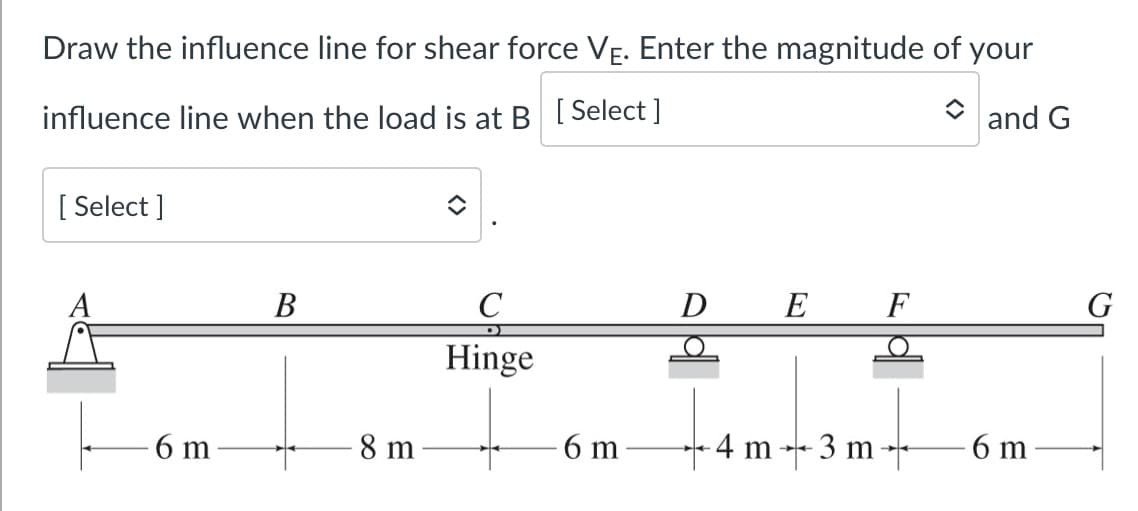 Draw the influence line for shear force VE. Enter the magnitude of your
and G
influence line when the load is at B [ Select ]
[ Select ]
G
В
D E F
Hinge
6 m
8 m
6 m
4 m - 3 m
6 m

