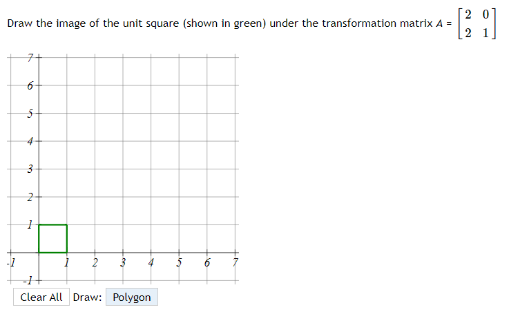 Draw the image of the unit square (shown in green) under the transformation matrix A =
2 1
4-
2-
-1
3
5
6
Clear All Draw: Polygon
2.
6.
3.
