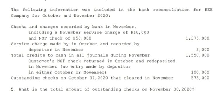The following information was included in the bank reconciliation for EEE
Company for October and November 2020:
Checks and charges recorded by bank in November,
including a November service charge of P10,000
and NSF check of P50,000
1,375,000
Service charge made by in October and recorded by
depositor in November
5,000
Total credits to cash in all journals during November
1,550,000
Customer's NSF check returned in October and redeposited
in November (no entry made by depositor
in either October or November)
100,000
Outstanding checks on October 31,2020 that cleared in November
575,000
5. What is the total amount of outstanding checks on November 30,2020?
