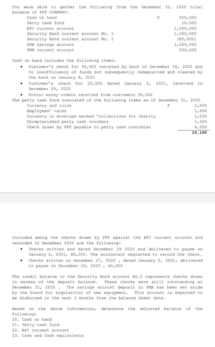 You were able to gather the following from the December 31, 2020
balance of PPP COMPANY:
trial
Cash on hand
500,000
Petty cash fund
10,000
1,000,000
1,080,000
(80,000)
BPI current account
Security Bank current account No. 1
Security Bank current account No. 2
PNB savings account
1,200,000
PNB current account
500,000
Cash on hand includes the following items:
Customer's check for 45,000 returned by bank on December 26, 2020 due
to insufficiency of funds but subsequently redeposited and cleared by
the bank on January 8, 2021
Customer's
check
for 25,000 dated January
2,
2021,
received
in
December 29, 2020
Postal money orders received from customers 30,000
The petty cash fund consisted of the following items as of December 31, 2020
Currency and coins
Employees' vales
2,000
1,600
Currency in envelope marked "collections for charity
1,200
Unreplenished petty cash vouchers
Check drawn by PPP payable to petty cash custodian
1,300
4,000
10,100
Included among the checks drawn by PPP against the BPI current account and
recorded in December 2020 are the following:
Checks written and dated December 29 2020 and delivered to payee on
January 2, 2021, 80,000. The accountant neglected to record the check.
Checks written on December 27, 2020 , dated January 2, 2021, delivered
to payee on December 29, 2020 , 40,000
The credit balance in the Security Bank account No.2 represents checks drawn
in excess of the deposit balance.
These checks were still outstanding at
December 31, 2020 .
The savings account deposit in PNB has been set aside
This account is expected to
by the board for acquisition of new equipment.
be disbursed in the next 3 months from the balance sheet date.
Based on
the
above information,
determine the adjusted balance
of
the
following:
20. Cash on hand
21. Petty cash fund
22. BPI current account
23. Cash and Cash equivalents
