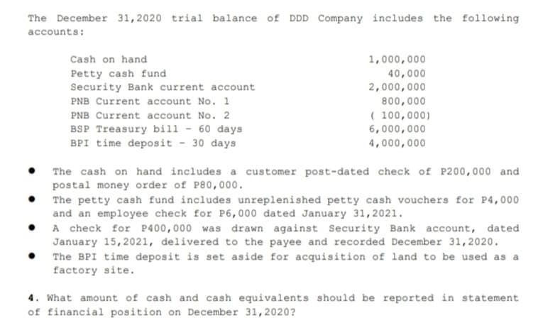 The December 31,2020 trial balance of DDD Company includes the following
accounts:
Cash on hand
1,000,000
Petty cash fund
40,000
Security Bank current account
2,000,000
PNB Current account No. 1
800,000
PNB Current account No. 2
( 100,000)
BSP Treasury bill - 60 days
6,000,000
BPI time deposit - 30 days
4,000,000
The cash on hand includes a customer post-dated check of P200,000 and
postal money order of P80,000.
The petty cash fund includes unreplenished petty cash vouchers for P4,000
and an employee check for P6,000 dated January 31,2021.
A check for P400,000 was drawn against Security Bank account, dated
January 15,2021, delivered to the payee and recorded December 31,2020.
The BPI time deposit is set aside for acquisition of land to be used as a
factory site.
4. What amount of cash and cash equivalents should be reported in statement
of financial position on December 31,2020?
