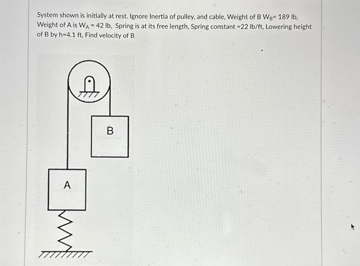 System shown is initially at rest. Ignore Inertia of pulley, and cable, Weight of B WB= 189 lb,
Weight of A is WA = 42 lb, Spring is at its free length, Spring constant =22 lb/ft, Lowering height
of B by h=4.1 ft, Find velocity of B
A
B