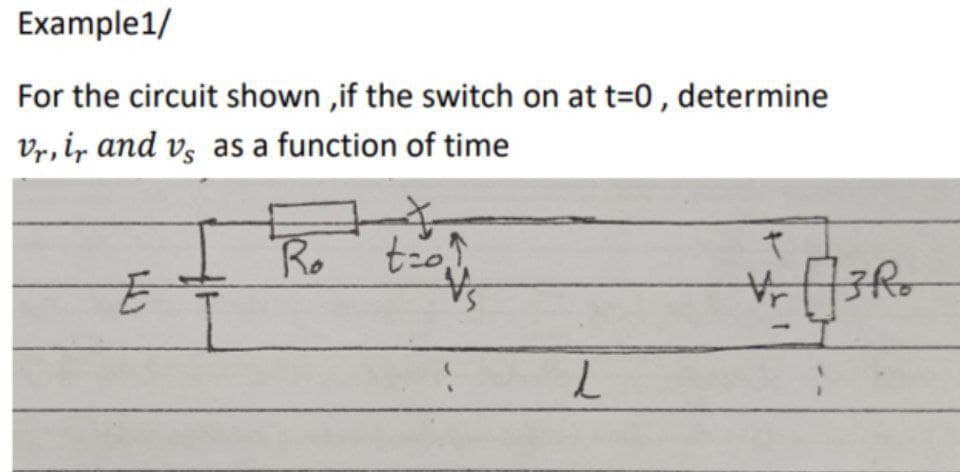 Example1/
For the circuit shown ,if the switch on at t=0, determine
Vr, ir and vs as a function of time
Ro
t-o,
