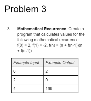 Problem 3
3. Mathematical Recurrence. Create a
program that calculates values for the
following mathematical recurrence:
f(0) = 2, f(1) = -2, f(n) = (n + f(n-1))(n
+ f(n-1))
Example Input| Example Output
4
169
2.
