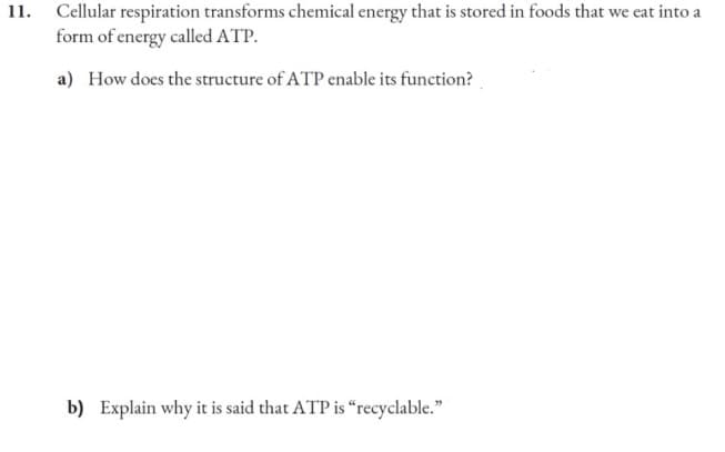 11. Cellular respiration transforms chemical energy that is stored in foods that we eat into a
form of energy called ATP.
a) How does the structure of ATP enable its function?
b) Explain why it is said that ATP is "recyclable."