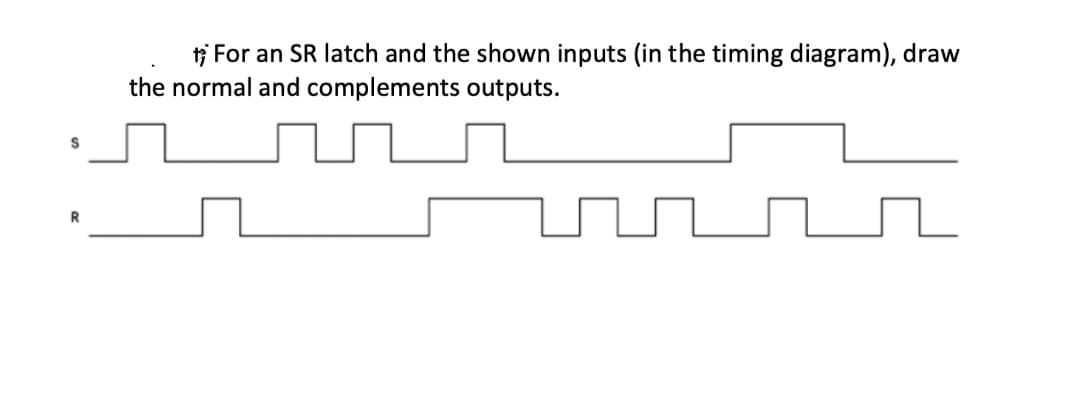 ti For an SR latch and the shown inputs (in the timing diagram), draw
the normal and complements outputs.
R
