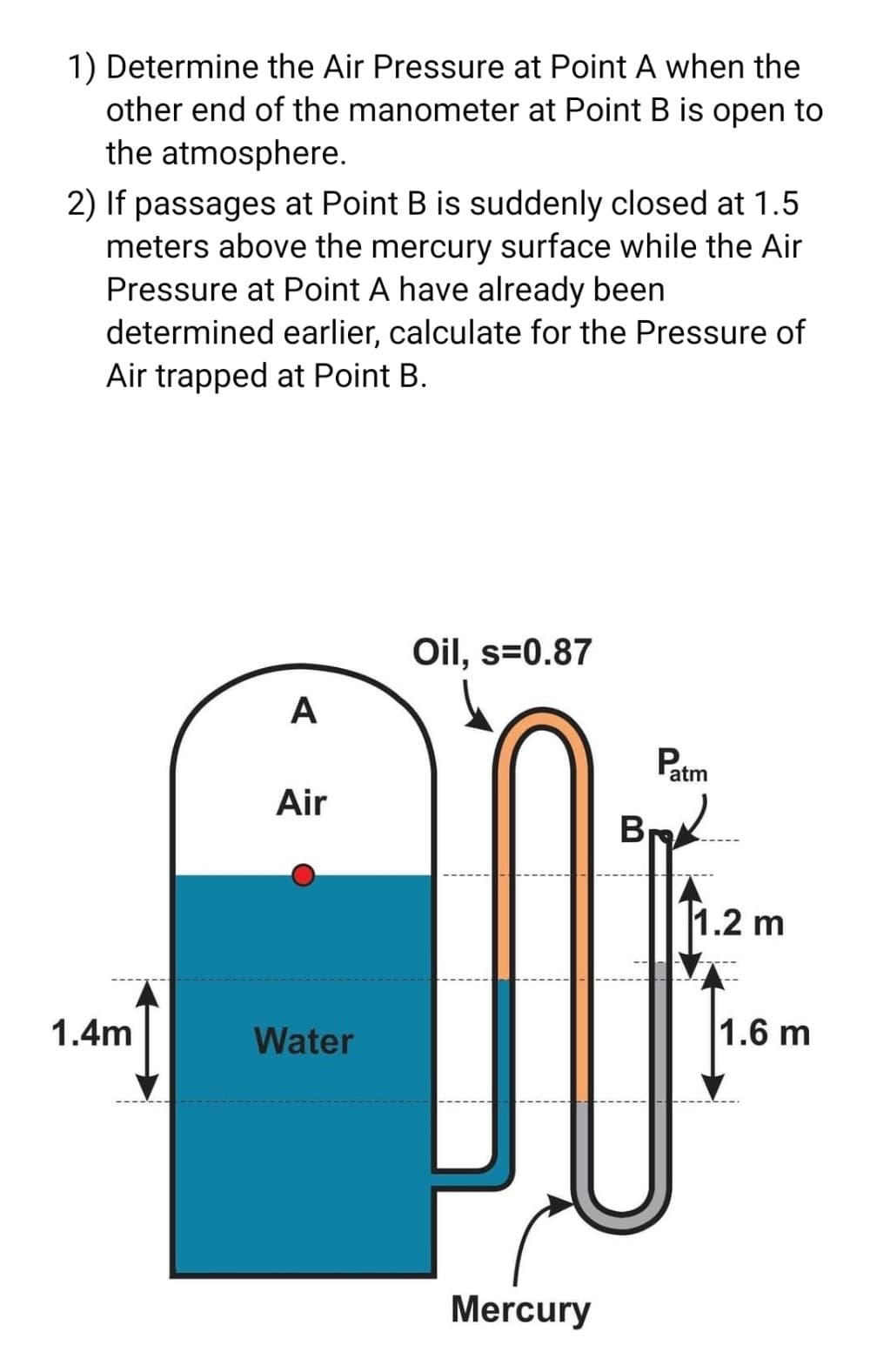 1) Determine the Air Pressure at Point A when the
other end of the manometer at Point B is open to
the atmosphere.
2) If passages at Point B is suddenly closed at 1.5
meters above the mercury surface while the Air
Pressure at Point A have already been
determined earlier, calculate for the Pressure of
Air trapped at Point B.
Oil, s=0.87
A
Patm
Air
Br
1.2 m
1.4m
Water
1.6 m
Mercury
