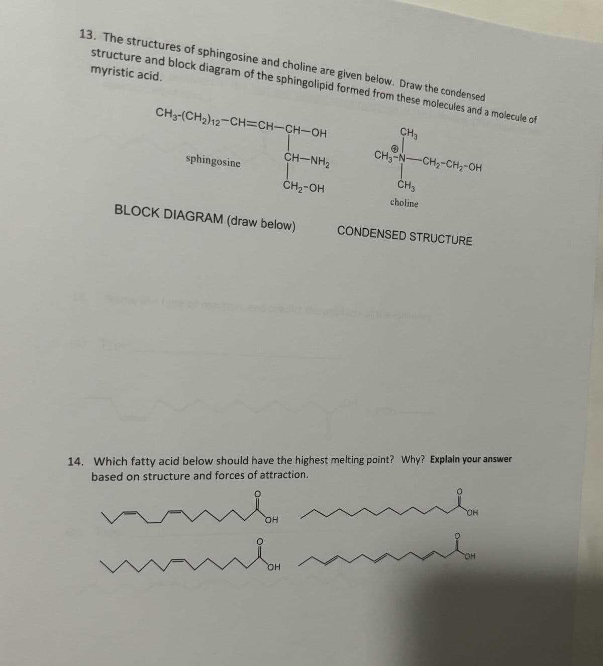 13. The structures of sphingosine and choline are given below. Draw the condensed
structure and block diagram of the sphingolipid formed from these molecules and a molecule of
myristic acid.
CH3-(CH2)12-CH=CH-CH-OH
CH₂
CH3-N-CH2-CH2-OH
CH-NH2
sphingosine
CH2-OH
CH3
choline
BLOCK DIAGRAM (draw below)
CONDENSED STRUCTURE
14. Which fatty acid below should have the highest melting point? Why? Explain your answer
based on structure and forces of attraction.
OH
O
OH
TOH
OH