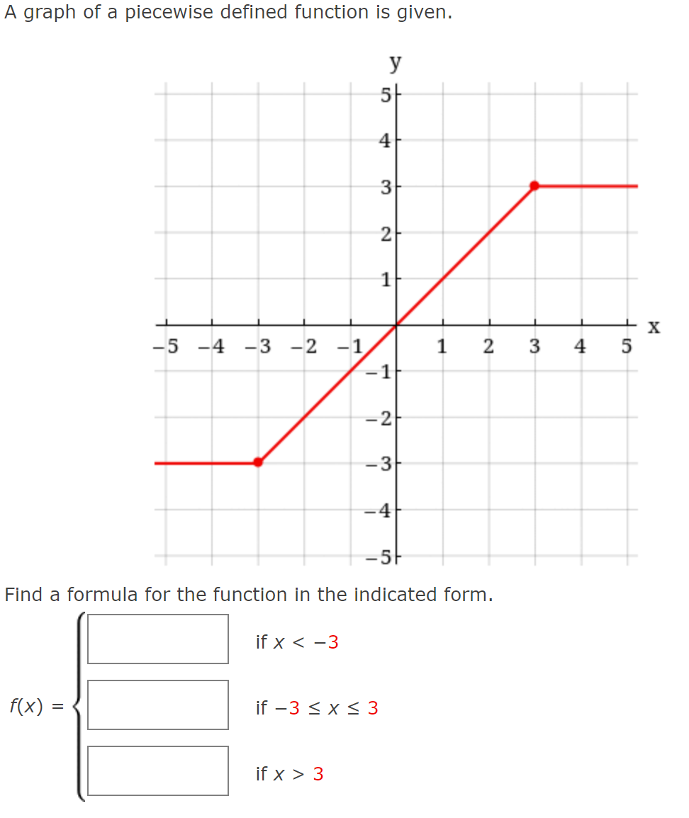 A graph of a piecewise defined function is given.
y
5-
4
3
2-
1
-5
-4 -3 -2 -1
1
4
5
1
-4
-5-
Find a formula for the function in the indicated form.
if x < -3
f(x) =
if -3 < x < 3
if x > 3
2.
3.

