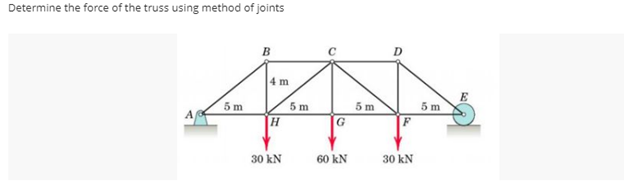 Determine the force of the truss using method of joints
B
D
4 m
5 m
5 m
5 m
5 m
30 kN
60 kN
30 kN
C.
