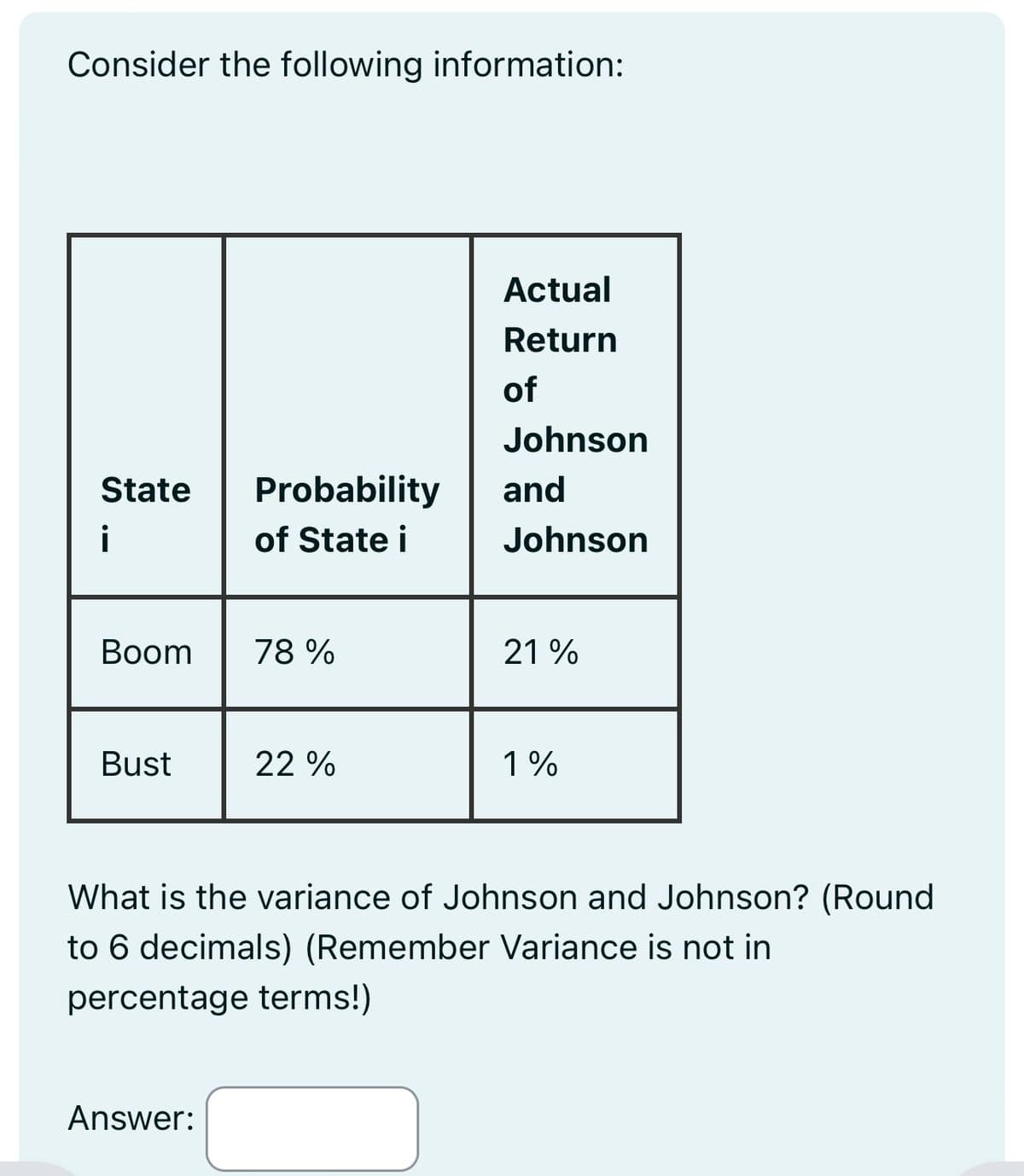 Consider the following information:
State
Probability
i
of State i
Actual
Return
of
Johnson
and
Johnson
Boom
78 %
21 %
Bust
22%
1%
What is the variance of Johnson and Johnson? (Round
to 6 decimals) (Remember Variance is not in
percentage terms!)
Answer: