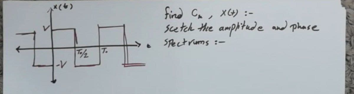 (x(t)
-V
7/2
T.
7.
find C₁, X(+) :-
scetch the amplitude and phase
Spectrums