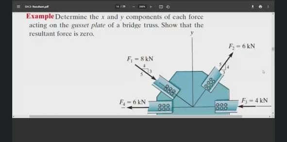 Example Determine the x and y components of cach force
acting on the gusset plate of a bridge truss. Show that the
resultant force is zero.
F - 6 kN
F = 8 kN
888
F= 4 kN
F- 6 kN
833
888
