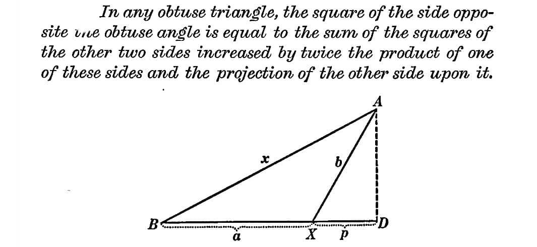 In any obtuse triangle, the square of the side oppo-
site vne obtuse angle is equal to the sum of the squares of
the other two sides increased by twice the product of one
of these sides and the projection of the other side upon it.
a
