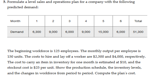 5. Formulate a level sales and operations plan for a company with the following
predicted demand:
Month
Demand
1
2
6,300 9,000
3
4
6,000 9,000
5
Total
15,000 6,000 51,300
The beginning workforce is 125 employees. The monthly output per employee is
150 units. The costs to hire and lay off a worker are $2,500 and $4,000, respectively.
The cost to carry an item in inventory for one month is estimated at $10, and the
stockout cost is $25 per unit. Show the production schedule, the inventory levels,
and the changes in workforce from period to period. Compute the plan's cost.