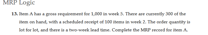 MRP Logic
13. Item A has a gross requirement for 1,000 in week 5. There are currently 300 of the
item on hand, with a scheduled receipt of 100 items in week 2. The order quantity is
lot for lot, and there is a two-week lead time. Complete the MRP record for item A.