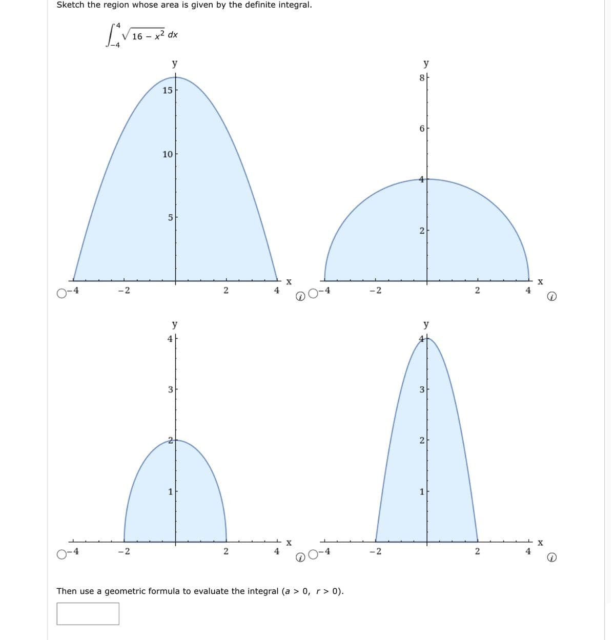 Sketch the region whose area is given by the definite integral.
-4
√16-
V 16 - x² dx
-2
-2
y
15
10
5
y
4
3
1
2
2
4
4
X
X
Then use a geometric formula to evaluate the integral (a > 0, r> 0).
-2
-2
y
8
2
y
2
2
2
4