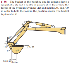 5-59. The bucket of the backhoe and its contents have a
wright of 6 kN and a center of gravity at G Determine the
forces of the hydraulic cylinder AB and in links AC and AD
in order to hold the load in the position shown. The bucket
is pinned at E.
120
To.3m
0075 m0,45 m
