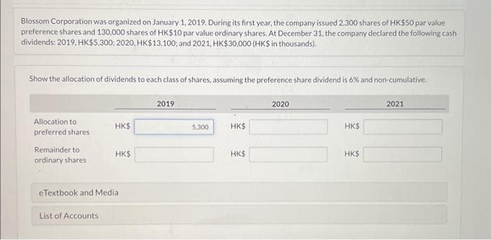 Blossom Corporation was organized on January 1, 2019. During its first year, the company issued 2,300 shares of HK$50 par value
preference shares and 130,000 shares of HK$10 par value ordinary shares. At December 31, the company declared the following cash
dividends: 2019, HK$5,300; 2020, HK$13,100; and 2021, HK$30,000 (HK$ in thousands).
Show the allocation of dividends to each class of shares, assuming the preference share dividend is 6% and non-cumulative.
Allocation to
preferred shares
Remainder to
ordinary shares
HK$
List of Accounts
HK$
eTextbook and Media
2019
5,300
HK$
HK$
2020
HK$
HK$
2021