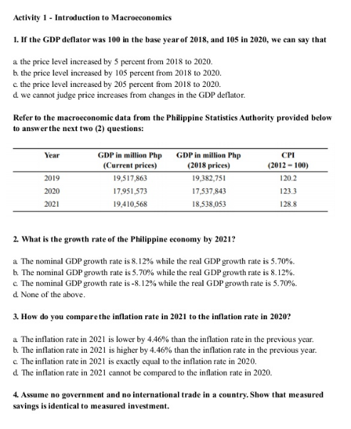 Activity 1 - Introduction to Macroeconomics
1. If the GDP deflator was 100 in the base year of 2018, and 105 in 2020, we can say that
a the price level increased by 5 percent from 2018 to 2020.
b. the price level increased by 105 percent from 2018 to 2020.
c. the price level increased by 205 percent from 2018 to 2020.
d. we cannot judge price increases from changes in the GDP deflator.
Refer to the macroeconomic data from the Philippine Statistics Authority provided below
to answer the next two (2) questions:
Year
2019
2020
2021
GDP in million Php
(Current prices)
19,517,863
17,951,573
19,410,568
GDP in million Php
(2018 prices)
19,382,751
17,537,843
18,538,053
CPI
(2012-100)
120.2
123.3
128.8
2. What is the growth rate of the Philippine economy by 2021?
a The nominal GDP growth rate is 8.12% while the real GDP growth rate is 5.70%.
b. The nominal GDP growth rate is 5.70% while the real GDP growth rate is 8.12%.
c. The nominal GDP growth rate is -8.12% while the real GDP growth rate is 5.70%.
d. None of the above.
3. How do you compare the inflation rate in 2021 to the inflation rate in 2020?
a The inflation rate in 2021 is lower by 4.46% than the inflation rate in the previous year.
b. The inflation rate in 2021 is higher by 4.46% than the inflation rate in the previous year.
c. The inflation rate in 2021 is exactly equal to the inflation rate in 2020.
d. The inflation rate in 2021 cannot be compared to the inflation rate in 2020.
4. Assume no government and no international trade in a country. Show that measured
savings is identical to measured investment.