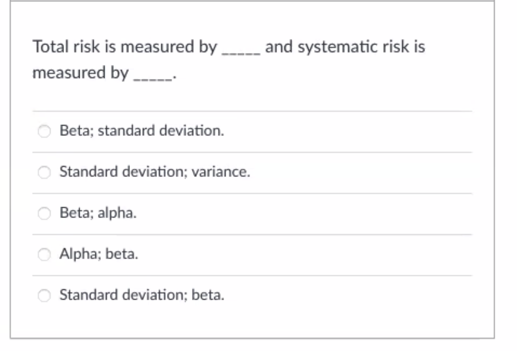 Total risk is measured by
measured by
and systematic risk is
Beta; standard deviation.
Standard deviation; variance.
Beta; alpha.
Alpha; beta.
Standard deviation; beta.
