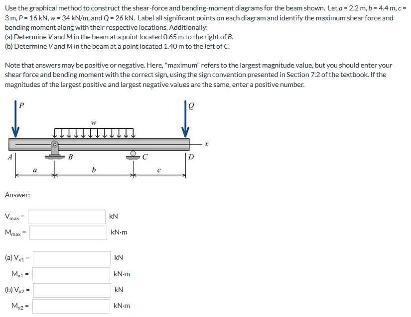 Use
the graphical method to construct the shear-force and bending-moment diagrams for the beam shown. Let a = 2.2 m, b=4.4 m, c =
3 m, P = 16 kN, w = 34 kN/m, and Q = 26 kN. Label all significant points on each diagram and identify the maximum shear force and
bending moment along with their respective locations. Additionally:
(a) Determine V and M in the beam at a point located 0.65 m to the right of B.
(b) Determine V and M in the beam at a point located 1.40 m to the left of C.
Note that answers may be positive or negative. Here, "maximum" refers to the largest magnitude value, but you should enter your
shear force and bending moment with the correct sign, using the sign convention presented in Section 7.2 of the textbook. If the
magnitudes of the largest positive and largest negative values are the same, enter a positive number.
P
Q
W
↓↓↓↓
Answer:
Vmax=
Mmax
(a) Vx1 =
Mx1
(b) Vx2 =
Mx2=
=
a
B
b
kN
kN-m
kN
kN-m
kN
kN-m
C
C
X