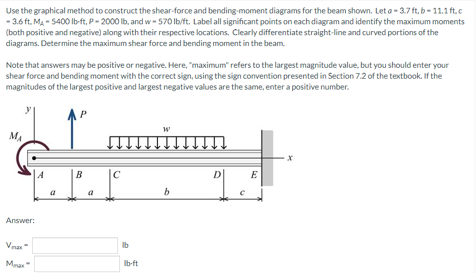 Use the graphical method to construct the shear-force and bending-moment diagrams for the beam shown. Let a = 3.7 ft, b = 11.1 ft, c
= 3.6 ft, MA = 5400 lb-ft, P = 2000 lb, and w = 570 lb/ft. Label all significant points on each diagram and identify the maximum moments
(both positive and negative) along with their respective locations. Clearly differentiate straight-line and curved portions of the
diagrams. Determine the maximum shear force and bending moment in the beam.
Note that answers may be positive or negative. Here, "maximum" refers to the largest magnitude value, but you should enter your
shear force and bending moment with the correct sign, using the sign convention presented in Section 7.2 of the textbook. If the
magnitudes of the largest positive and largest negative values are the same, enter a positive number.
P
W
MA
D
E
b
Answer:
Vmax=
Mmax =
A
a
B
a
C
lb
lb-ft
水
C