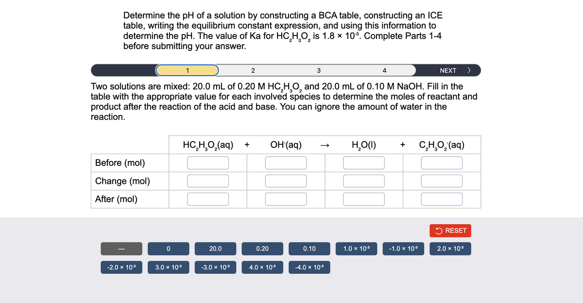 Determine the pH of a solution by constructing a BCA table, constructing an ICE
table, writing the equilibrium constant expression, and using this information to
determine the pH. The value of Ka for HC₂H₂O₂ is 1.8 × 105. Complete Parts 1-4
before submitting your answer.
2 3 2
NEXT >
2
Two solutions are mixed: 20.0 mL of 0.20 M HC₂H₂O₂ and 20.0 mL of 0.10 M NaOH. Fill in the
table with the appropriate value for each involved species to determine the moles of reactant and
product after the reaction of the acid and base. You can ignore the amount of water in the
reaction.
Before (mol)
Change (mol)
After (mol)
-2.0 × 10-³
0
3.0 × 10-³
1
HC,H,O,(aq)
20.0
-3.0 × 10-³
2
0.20
OH(aq)
4.0 × 10-³
0.10
3
-4.0 × 10-³
H₂O(1)
1.0 × 10-³
4
-1.0 × 10³
C,H,O,(aq)
RESET
2.0 × 10-³