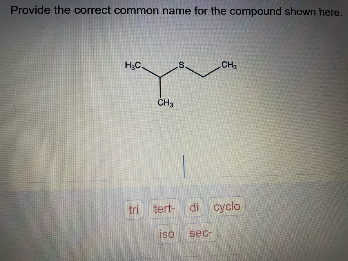 Provide the correct common name for the compound shown here.
H3C.
tri
CH3
tert-
iso
S.
CH3
di cyclo
sec-