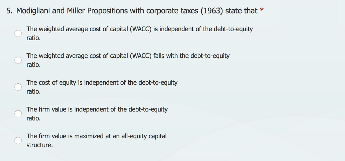 5. Modigliani and Miller Propositions with corporate taxes (1963) state that *
The weighted average cost of capital (WACC) is independent of the debt-to-equity
ratio.
The weighted average cost of capital (WACC) falls with the debt-to-equity
ratio.
The cost of equity is independent of the debt-to-equity
ratio.
The firm value is independent of the debt-to-equity
ratio.
The firm value is maximized at an all-equity capital
structure.