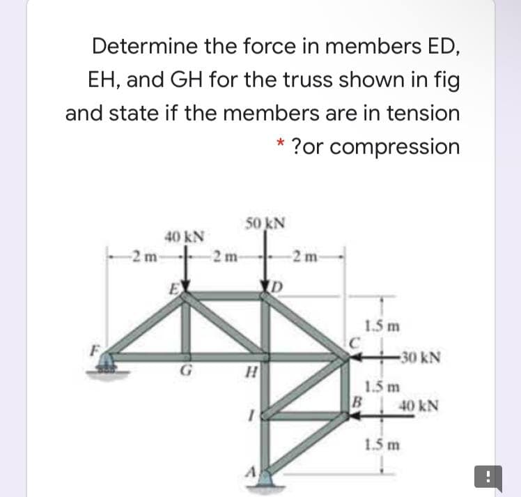 Determine the force in members ED,
EH, and GH for the truss shown in fig
and state if the members are in tension
* ?or compression
50 kN
40 kN
-2 m
2 m
2 m
1.5 m
F
-30 kN
1.5 m
B
40 kN
1.5 m
A
