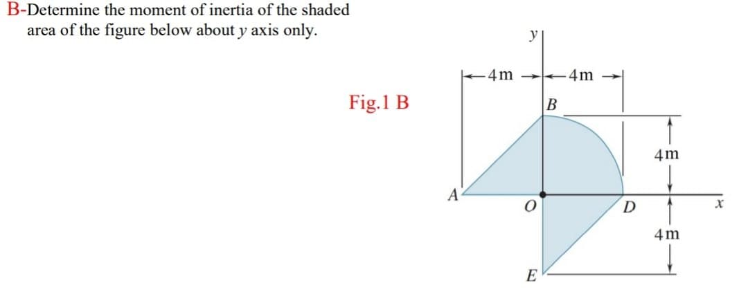 B-Determine the moment of inertia of the shaded
area of the figure below about y axis only.
y
4m → 4m -→
Fig.1 B
4m
D
4 m
E
