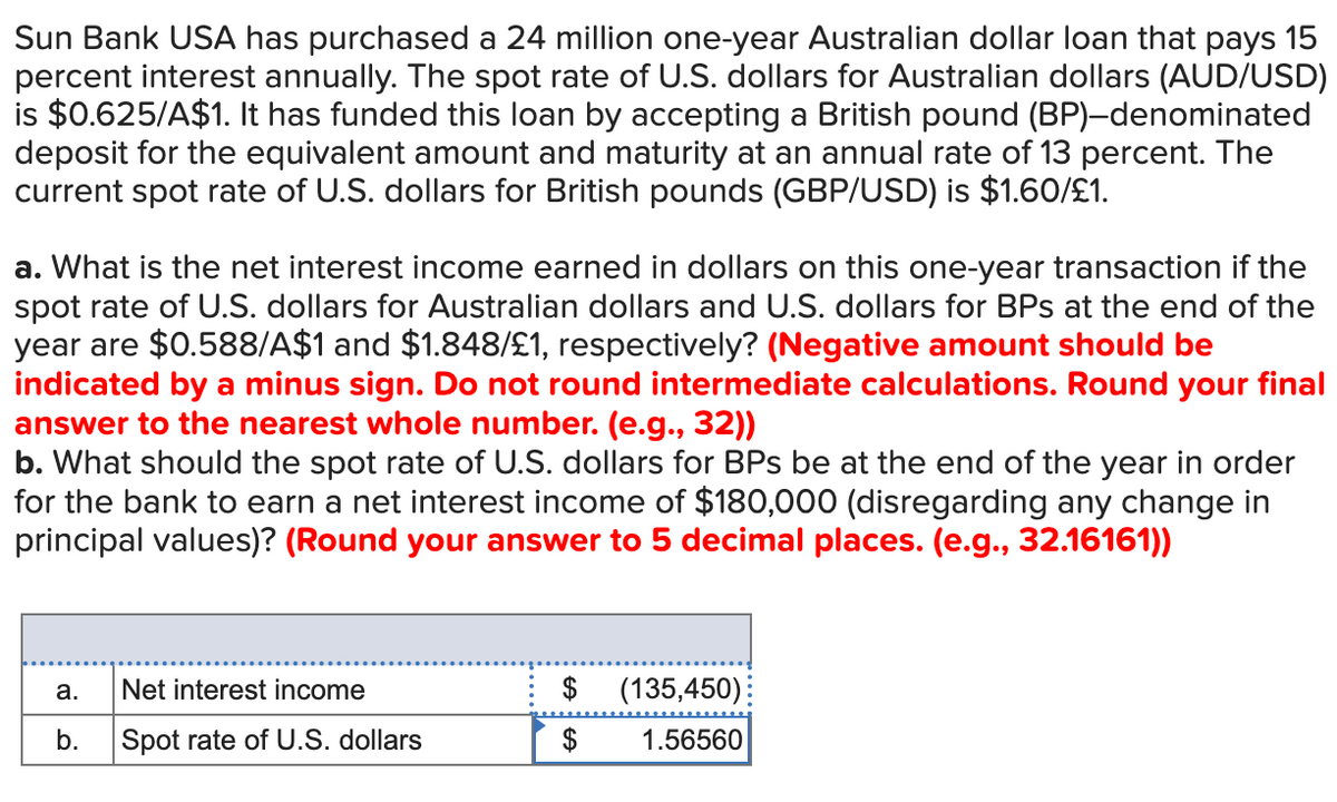 Sun Bank USA has purchased a 24 million one-year Australian dollar loan that pays 15
percent interest annually. The spot rate of U.S. dollars for Australian dollars (AUD/USD)
is $0.625/A$1. It has funded this loan by accepting a British pound (BP)-denominated
deposit for the equivalent amount and maturity at an annual rate of 13 percent. The
current spot rate of U.S. dollars for British pounds (GBP/USD) is $1.60/£1.
a. What is the net interest income earned in dollars on this one-year transaction if the
spot rate of U.S. dollars for Australian dollars and U.S. dollars for BPs at the end of the
year are $0.588/A$1 and $1.848/£1, respectively? (Negative amount should be
indicated by a minus sign. Do not round intermediate calculations. Round your final
answer to the nearest whole number. (e.g., 32))
b. What should the spot rate of U.S. dollars for BPs be at the end of the year in order
for the bank to earn a net interest income of $180,000 (disregarding any change in
principal values)? (Round your answer to 5 decimal places. (e.g., 32.16161))
a.
b.
Net interest income
Spot rate of U.S. dollars
$ (135,450):
$
1.56560