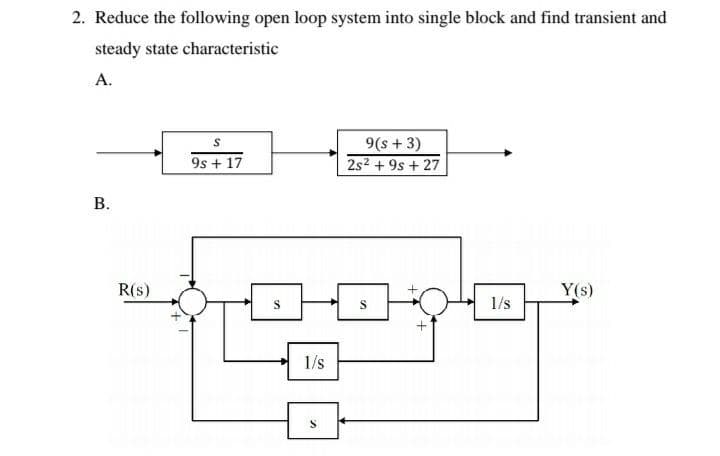 2. Reduce the following open loop system into single block and find transient and
steady state characteristic
A.
9(s + 3)
9s + 17
2s2 + 9s + 27
Y(s)
R(s)
1/s
1/s
B.

