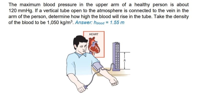 The maximum blood pressure in the upper arm of a healthy person is about
120 mmHg. If a vertical tube open to the atmosphere is connected to the vein in the
arm of the person, determine how high the blood will rise in the tube. Take the density
of the blood to be 1,050 kg/m3. Answer: hblood = 1.55 m
HEART
