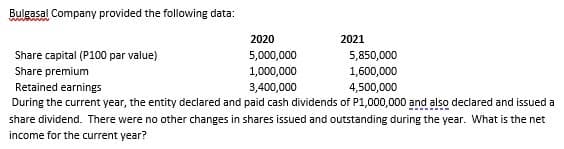 Bulgasal Company provided the following data:
2020
2021
Share capital (P100 par value)
5,000,000
5,850,000
Share premium
1,000,000
1,600,000
Retained earnings
3,400,000
4,500,000
During the current year, the entity declared and paid cash dividends of P1,000,000 and also declared and issued a
share dividend. There were no other changes in shares issued and outstanding during the year. What is the net
income for the current year?
