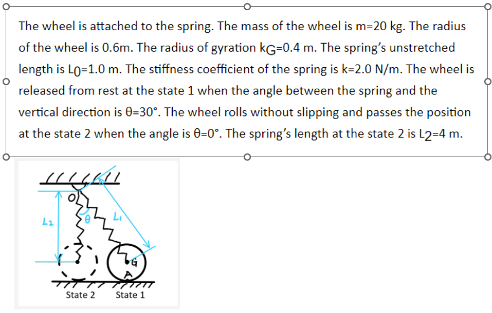 The wheel is attached to the spring. The mass of the wheel is m=20 kg. The radius
of the wheel is 0.6m. The radius of gyration KG=0.4 m. The spring's unstretched
length is Lo=1.0 m. The stiffness coefficient of the spring is k-2.0 N/m. The wheel is
released from rest at the state 1 when the angle between the spring and the
vertical direction is 0-30°. The wheel rolls without slipping and passes the position
at the state 2 when the angle is 0-0°. The spring's length at the state 2 is L2=4 m.
LLLLKI
L2
0
#
State 2
ZG
State 1