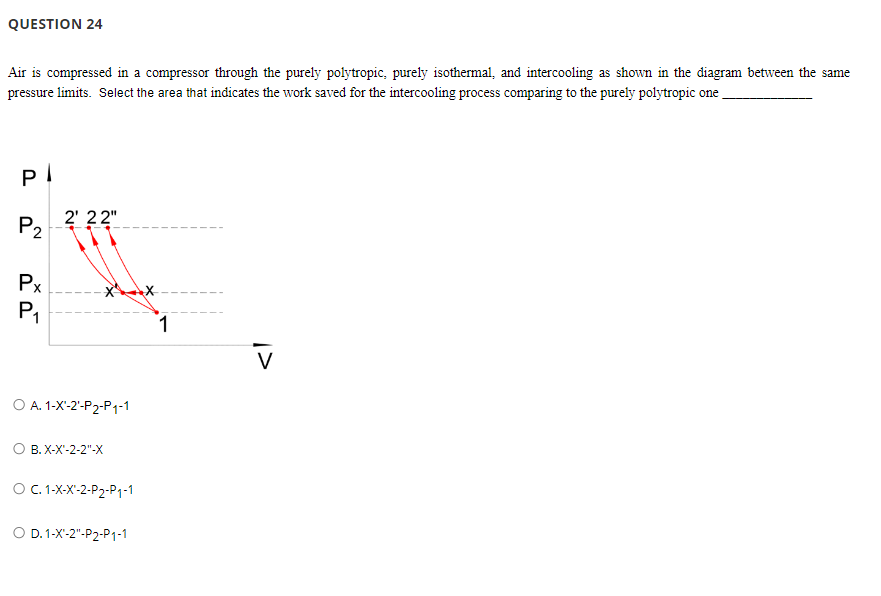 QUESTION 24
Air is compressed in a compressor through the purely polytropic, purely isothermal, and intercooling as shown in the diagram between the same
pressure limits. Select the area that indicates the work saved for the intercooling process comparing to the purely polytropic one
PI
P₂
Px
P₁
N
2' 22"
O A. 1-X¹-2¹-P₂-P1-1
B. X-X'-2-2"-X
O C. 1-X-X¹-2-P2-P1-1
O D. 1-X¹-2"-P2-P1-1
1
V