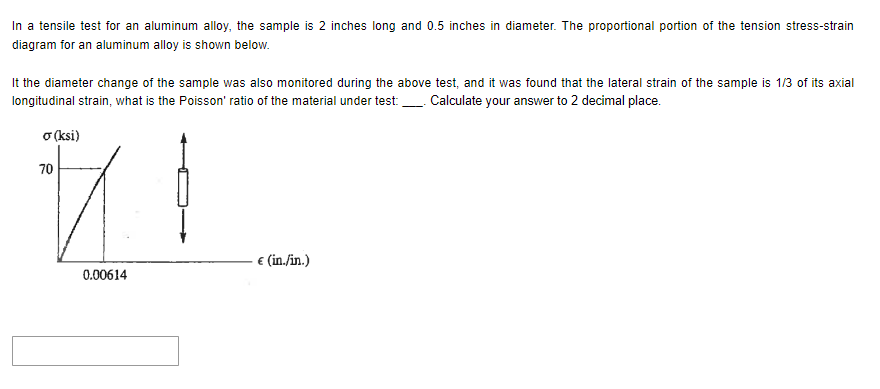 In a tensile test for an aluminum alloy, the sample is 2 inches long and 0.5 inches in diameter. The proportional portion of the tension stress-strain
diagram for an aluminum alloy is shown below.
It the diameter change of the sample was also monitored during the above test, and it was found that the lateral strain of the sample is 1/3 of its axial
longitudinal strain, what is the Poisson' ratio of the material under test: Calculate your answer to 2 decimal place.
σ (ksi)
70
MI
0.00614
€ (in./in.)
