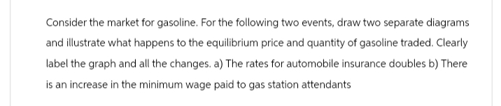 Consider the market for gasoline. For the following two events, draw two separate diagrams
and illustrate what happens to the equilibrium price and quantity of gasoline traded. Clearly
label the graph and all the changes. a) The rates for automobile insurance doubles b) There
is an increase in the minimum wage paid to gas station attendants