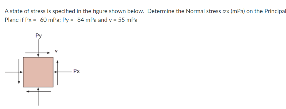 A state of stress is specified in the figure shown below. Determine the Normal stress ox (mPa) on the Principal
Plane if Px = -60 mPa; Py = -84 mPa and v = 55 mPa
Py
Px