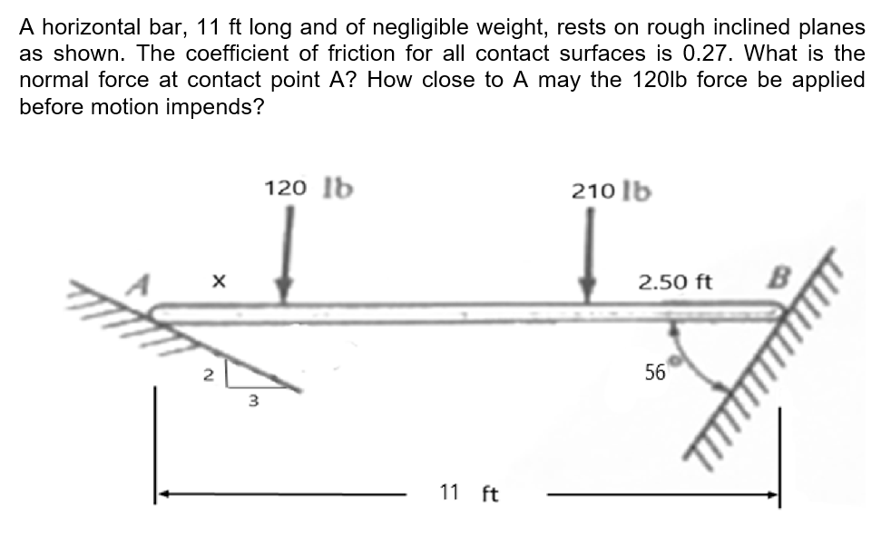 A horizontal bar, 11 ft long and of negligible weight, rests on rough inclined planes
as shown. The coefficient of friction for all contact surfaces is 0.27. What is the
normal force at contact point A? How close to A may the 120lb force be applied
before motion impends?
120 Ib
210 lb
2.50 ft
2
56
11 ft
