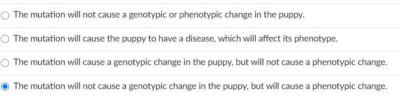 O The mutation will not cause a genotypic or phenotypic change in the puppy.
O The mutation will cause the puppy to have a disease, which will affect its phenotype.
O The mutation will cause a genotypic change in the puppy, but will not cause a phenotypic change.
The mutation will not cause a genotypic change in the puppy, but will cause a phenotypic change.
