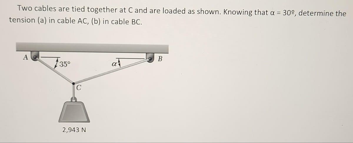 Two cables are tied together at C and are loaded as shown. Knowing that a = 30º, determine the
tension (a) in cable AC, (b) in cable BC.
AGI
C
2,943 N
a
B