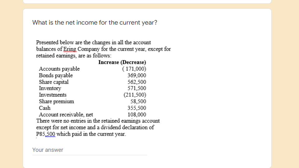 What is the net income for the current year?
Presented below are the changes in all the account
balances of Ering Company for the current year, except for
retained earnings, are as follows:
Increase (Decrease)
Accounts payable
(171,000)
369,000
Bonds payable
Share capital
562,500
Inventory
571,500
Investments
(211,500)
Share premium
58,500
Cash
355,500
Account receivable, net
108,000
There were no entries in the retained earnings account
except for net income and a dividend declaration of
P85,500 which paid in the current year.
Your answer