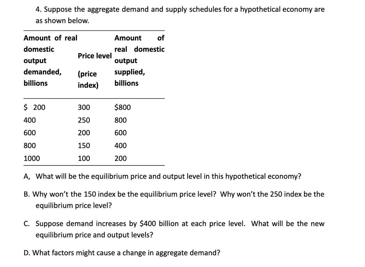 4. Suppose the aggregate demand and supply schedules for a hypothetical economy are
as shown below.
Amount of real
domestic
output
demanded,
billions
$ 200
400
600
800
1000
Price level
(price
index)
300
250
200
150
100
Amount
of
real domestic
output
supplied,
billions
$800
800
600
400
200
A, What will be the equilibrium price and output level in this hypothetical economy?
B. Why won't the 150 index be the equilibrium price level? Why won't the 250 index be the
equilibrium price level?
C. Suppose demand increases by $400 billion at each price level. What will be the new
equilibrium price and output levels?
D. What factors might cause a change in aggregate demand?