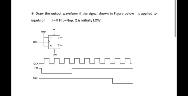 4- Draw the output waveform if the signal shown in Figure below is applied to
inputs of J-K Flip-Flop. Q is initially Low.
HIGH
CLK-
CLR
nnnnnnn
CLK
PR
CLR

