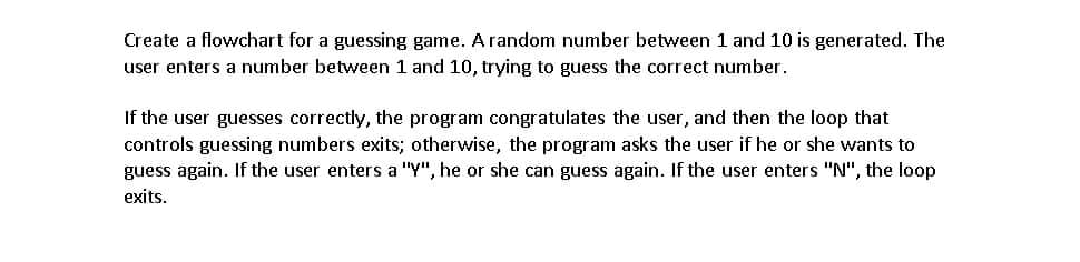 Create a flowchart for a guessing game. Arandom number between 1 and 10 is generated. The
user enters a number between 1 and 10, trying to guess the correct number.
If the user guesses correctly, the program congratulates the user, and then the loop that
controls guessing numbers exits; otherwise, the program asks the user if he or she wants to
guess again. If the user enters a "Y", he or she can guess again. If the user enters "N", the loop
exits.
