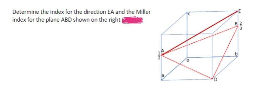 Determine the index for the direction EA and the Miller
index for the plane ABD shown on the right|
